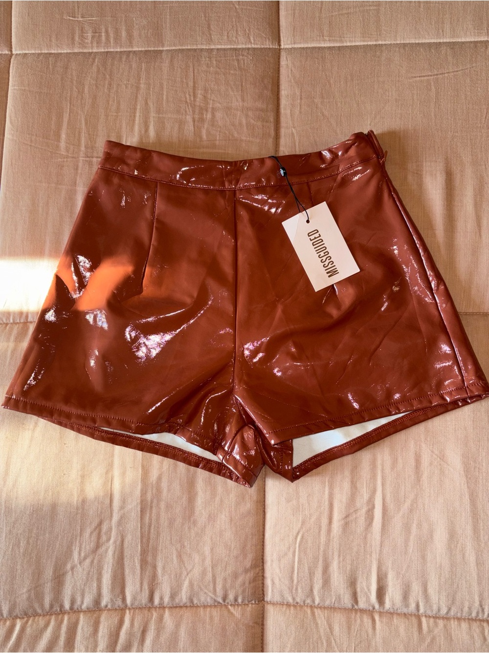 Missguided Shiny Rust High-Waist Vinyl Shorts